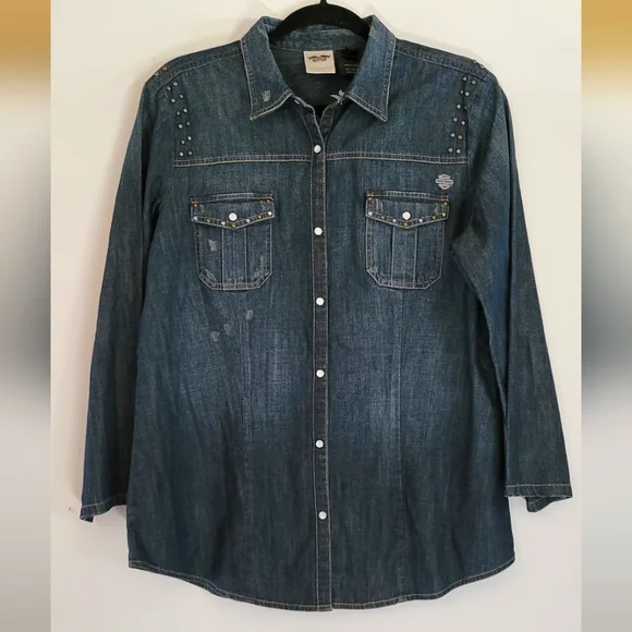 Harley Davidson Logo Embroidered Studded Denim Shirt Pearl Snap Roll Tab Sleeve - Picture 12 of 12